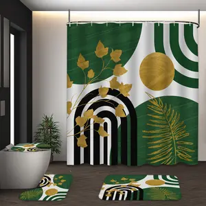 LVRLVR 4pcs Green Black Gold Boho Geometric Leaf Rainbow Bathroom Set with Shower Curtain Sets, Bath Rugs and Hooks - 70.8"×70.8" (180×180cm) Bathroom Decoration Accessories