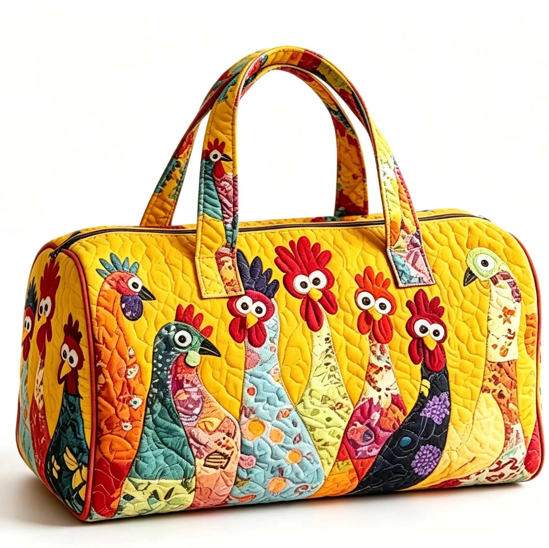 Boho Quilted Chicken Print Duffle Bag Large Capacity Gym Tote Handbag Colorful Patchwork Rooster Pattern Overnight Weekend Travel Bag For Women Sports Workout Carryall Hand Bag