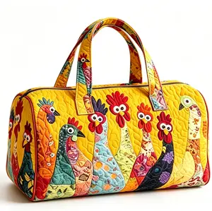 Boho Quilted Chicken Print Duffle Bag Large Capacity Gym Tote Handbag Colorful Patchwork Rooster Pattern Overnight Weekend Travel Bag For Women Sports Workout Carryall Hand Bag