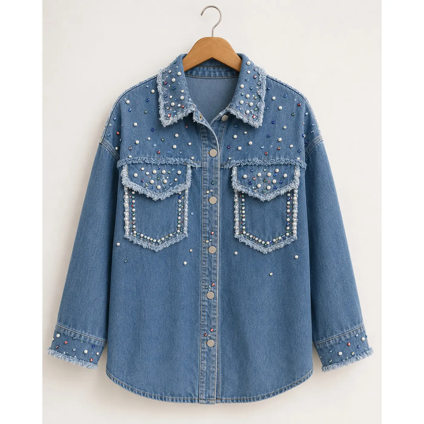 Womens Colorful Rhinestone Denim Jacket |   Pearl Beaded Frayed Jean Shacket |   Western Glam Curvy Coat