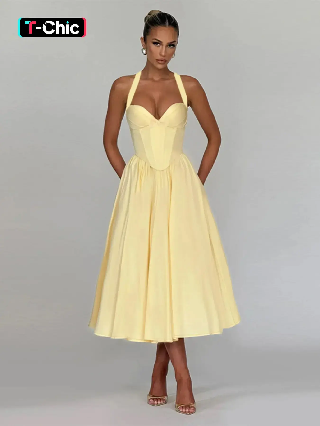Elegant Chic Halter Neck Butterfly Waist Knit Dress, A-Line Sleeveless Summer, Women's Fashion Clothing Womenswear Fit for Parties, Formal & Casual Wear, Elegant Party Gown, Formal Evening Gown
