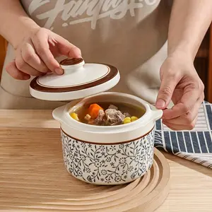 Classic Retro Japanese Ceramic Steamer Set with Lid and Handle, Kitchenware Ideal for Cooking Eggs, Desserts, Cornmeal Porridge, Home Soup, Steamed Egg