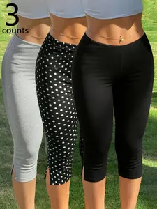 Women's 3-Pack Side-Slit Capri Pants, Slim Fit Versatile Knee-Length Trousers, Polka Dot & Solid Casual Styles For Yoga, Sports & Daily Wear, Gym Yoga Pants