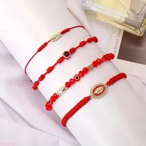 4Pcs Boho Style Braided Beaded Bracelet Set For Women And Girls, Red String Evil Eye & Green Bead Ankle Jewelry Featuring Virgin Mary And San Judas Charms, Religious Handmade Ornament For Holiday Gift Giving