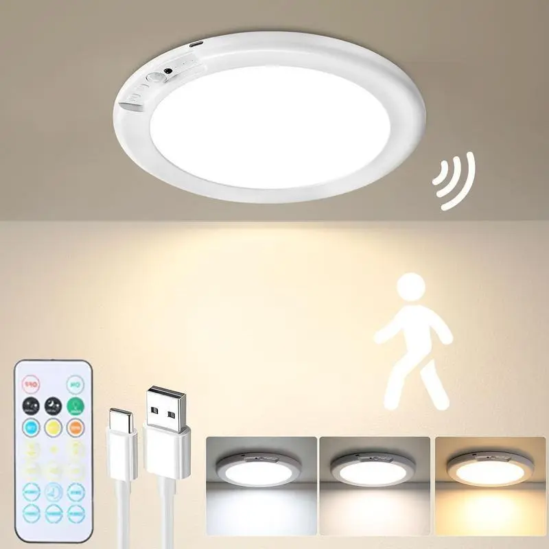 Rechargeable Smart LED RGB Ceiling Light - Motion Sensor, Remote Control, 3-Color Dimmable, Adjustable Lighting Modes, Indoor Home Improvement Fixture for Bedroom, Living Room, Closet, Lighting Modes Adjustable