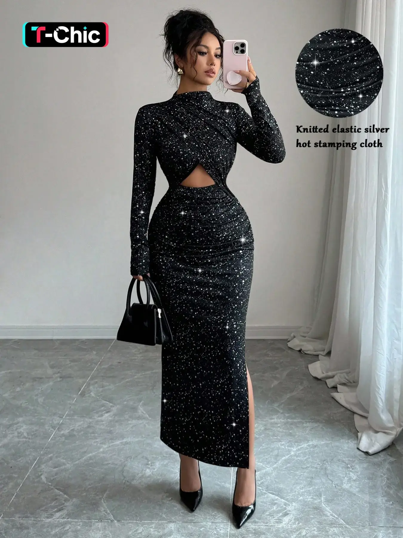 Women's High Neck Long Sleeve Dress, Cross Design, Sequins Elegant Evening Wear, Evening Party Gown, Formal Wear, Side Slit Fashionable Comfort, Perfect for Parties Spring & Fall