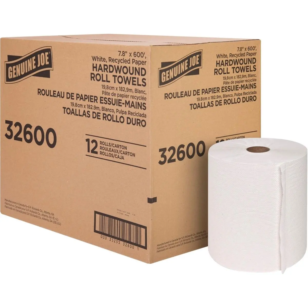 White Hardwound Recycled Paper Towel Roll - 8 in x 600 ft High-Capacity, 2" Core, Embossed Texture, Absorbent, Space-Saving Restroom Home Care Supply, Compatible with Most Universal Dispensers