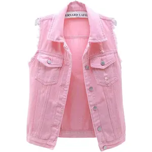 Women's Candy Color Slim Fit Distressed Denim Vest Frayed Raws Sleeveless Jacket