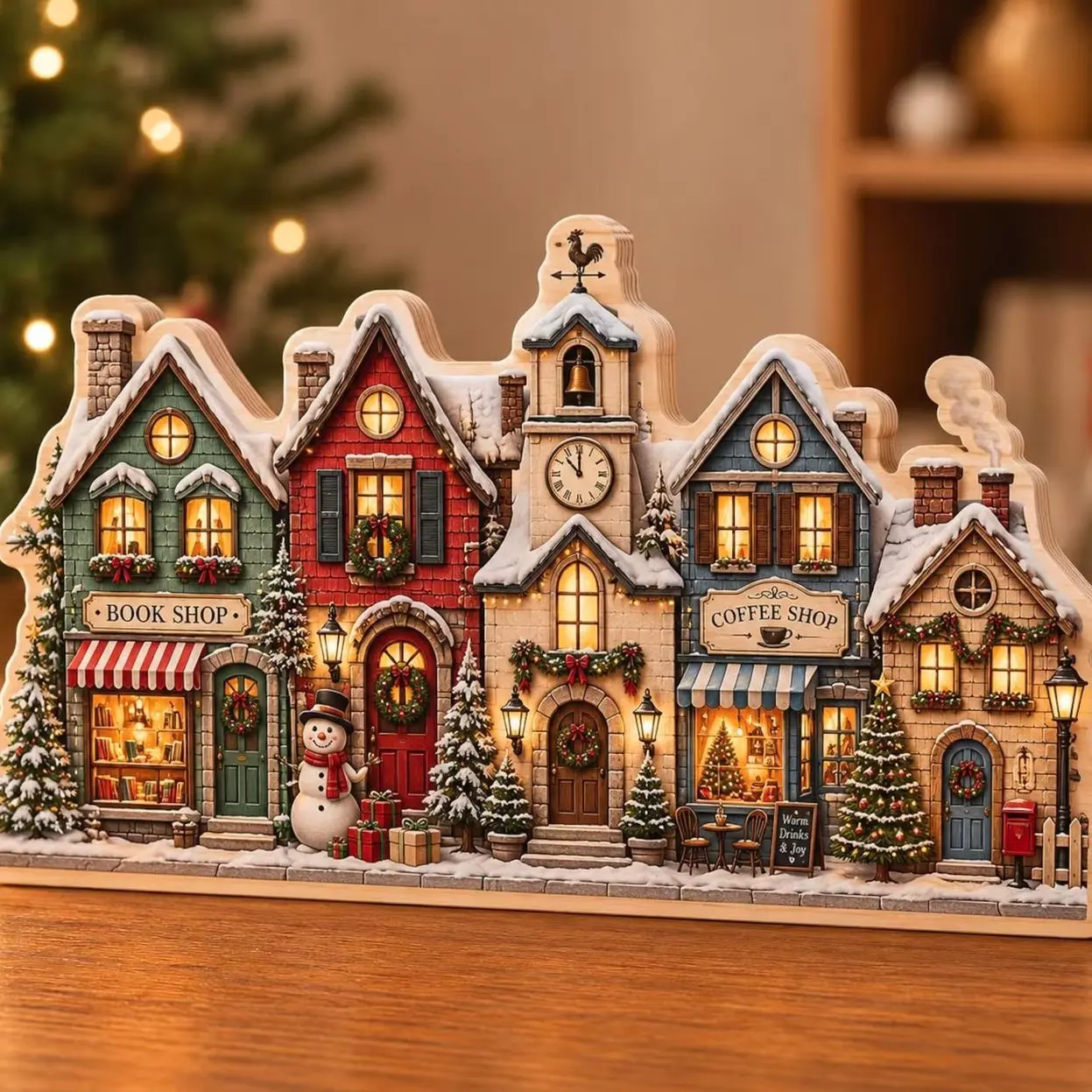 Christmas Main Street Wooden Block Decor, Winter Village Shop Wooden Decor, Cozy Holiday Town Shelf Decor, Christmas Gift for Home NHTV80-RD