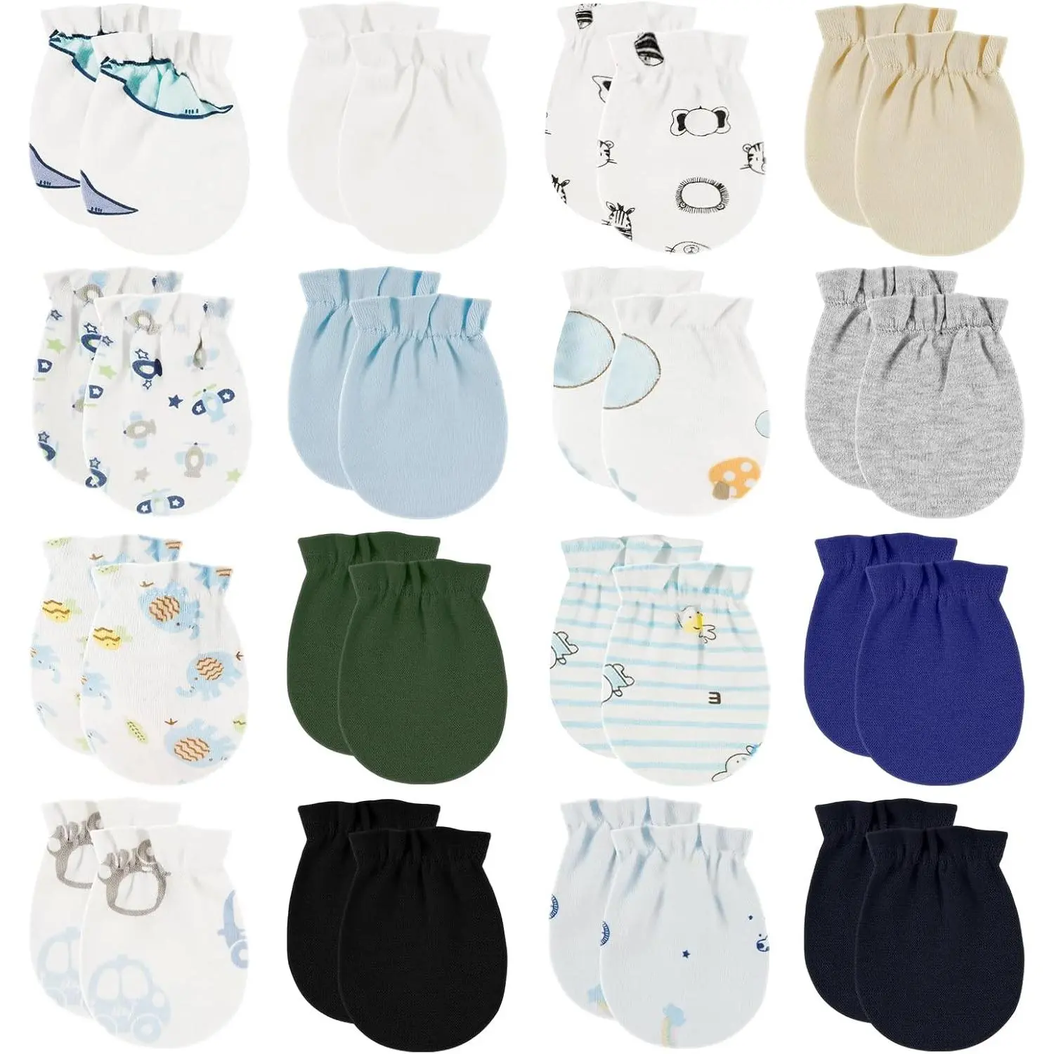 Cute Organic Cotton Baby Mittens F-HBL03 - Unisex, No-Scratch, Warm, Flexible Sizing Gloves for Newborns & 0-6 Months Infants, Natural, Boys & Girls, Elastic Cords, 16 Pairs, Stretchy Cuffs, All-Season Wear, Animal Prints, 0 - 3 Months, Breathable, Ideal,