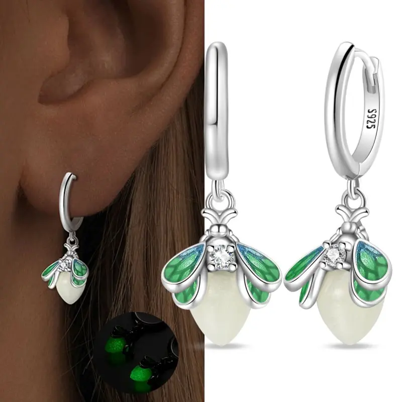 Women's S925 Sterling Silver Statement Earrings - Glowing Green Firefly Design, Hypoallergenic, Nickel-Free, Cadmium-Free Jewelry, Mother's Day Gift, Hypoallergenic Lightweight Earrings, Birthday, Anniversary, High Quality Earrings