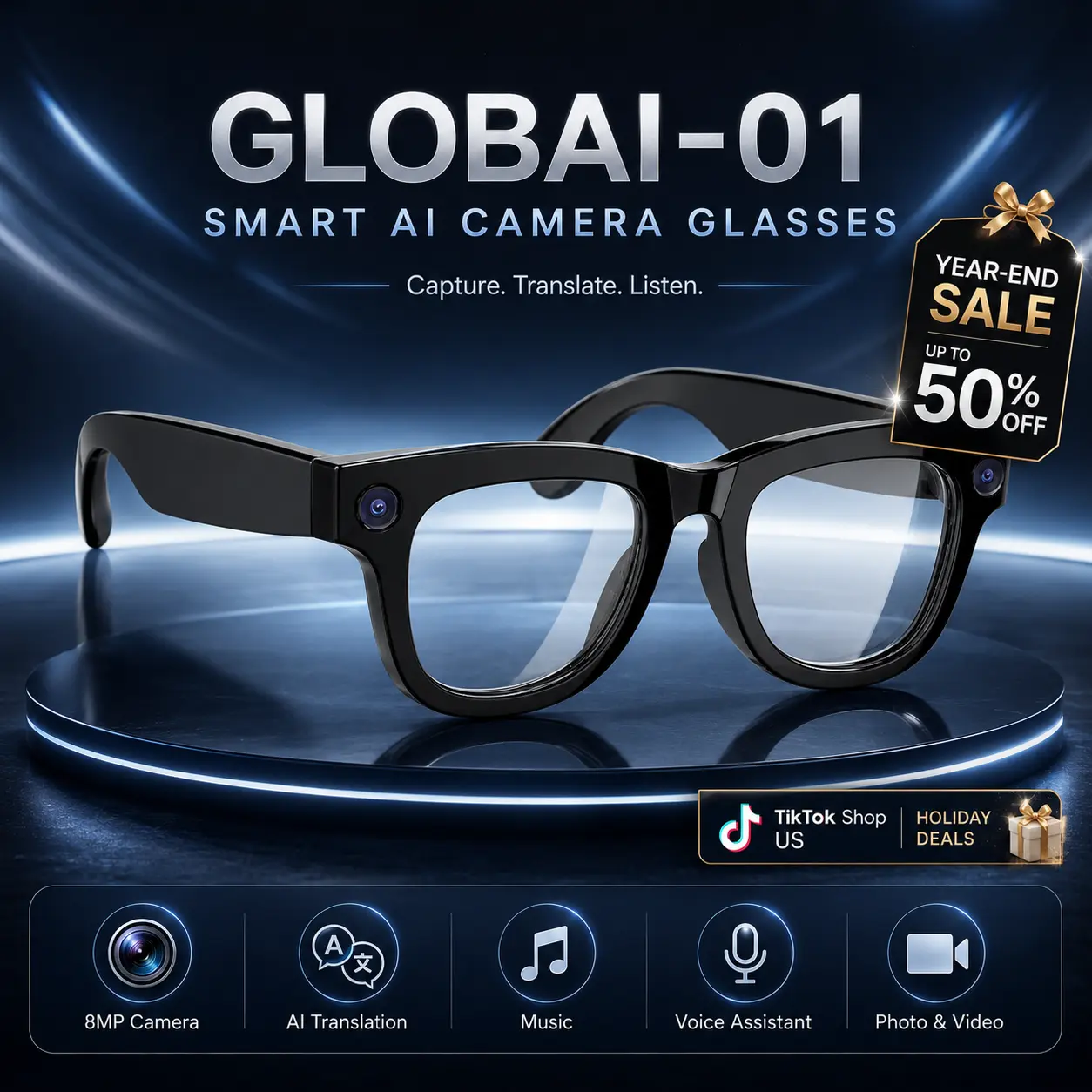 Upgraded AI Smart Glasses with Camera, 8MP HD Bluetooth Camera Glasses, Larger Battery, Metal Hinge Frame, Hands-Free POV Video Recording, AI Assistant, Translation, Open Ear Audio, Photochromic Lens, 160+ Languages Real-Time Translation