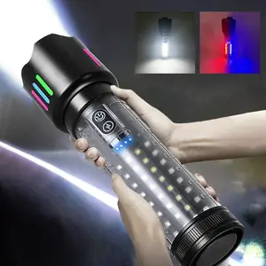 Rechargeable Flashlight, High Power Torch with Red and Blue Side Light, Long Battery Life Flashlight for Outdoor Camping, Hunting, Hiking