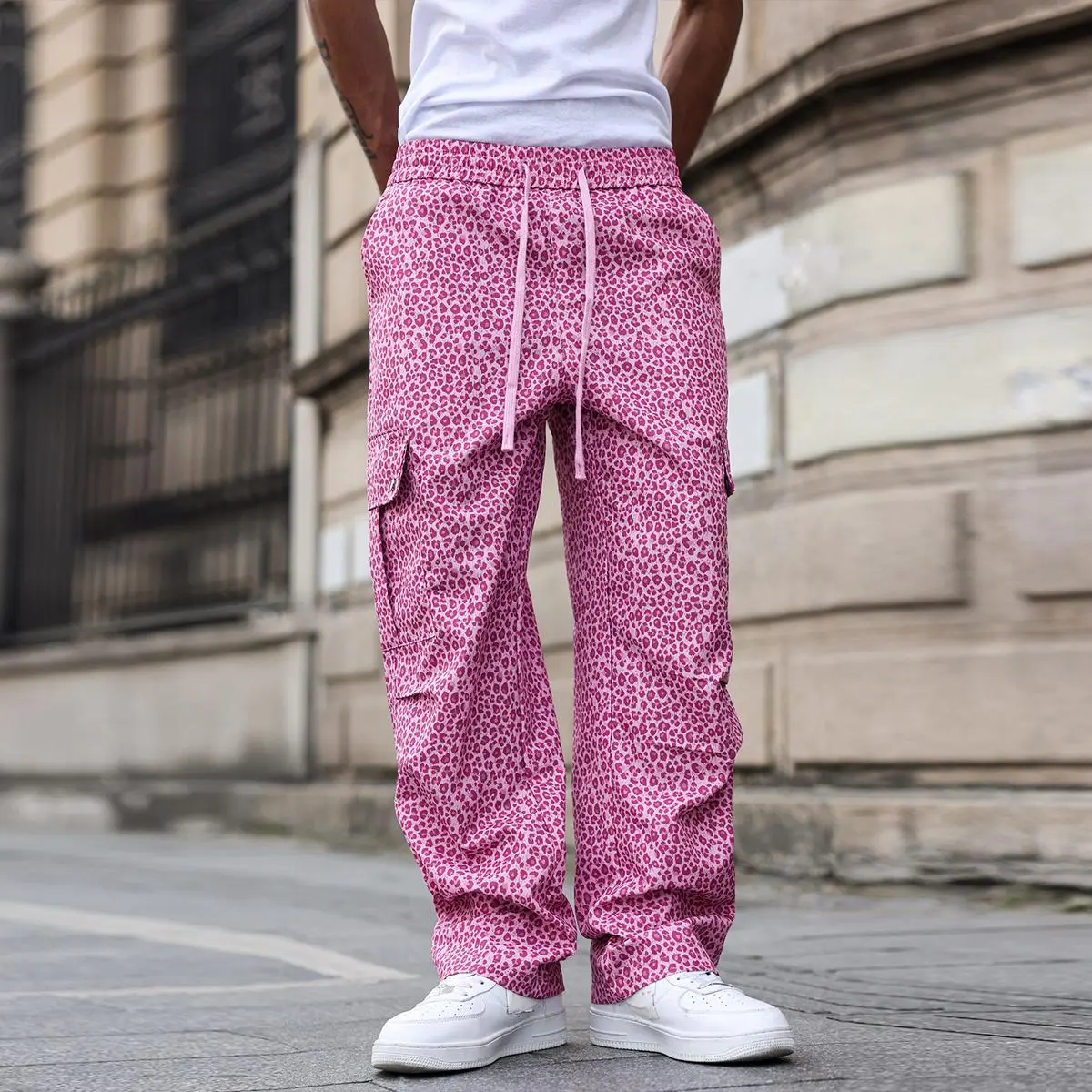Men's Cargo Pants in Pink Leopard Print, Casual Loose-Fitting Streetwear Clothes, Lightweight Polyester Below the Ankle with Elastic Waist