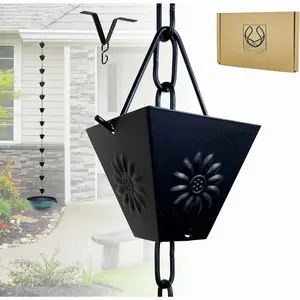 Rain Chain Water Collection for Gutters, Rainwater Catcher & Diverter, 8.5 FT Chains for Outside Garden, Black Square Cups, Roof Downspout, Works with Heavy Rain, w/Gutter Clip for Rainchains
