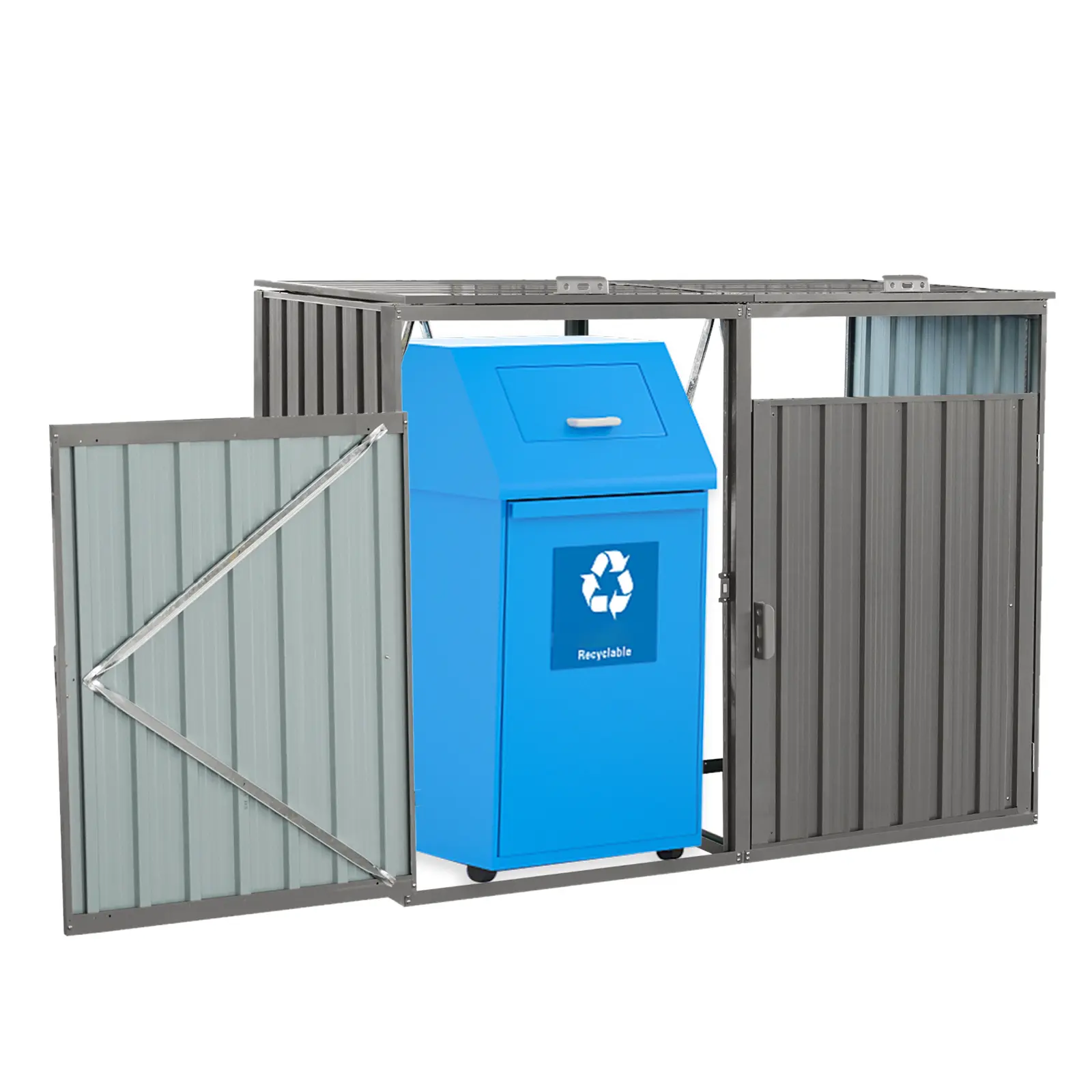 Stainless Galvanized Steel Metal Garbage Bin Shed - Outdoor Storage Unit for 2 Trash Cans, Trash Storage, Waterproof Roof, Lid Access, Lockable Door, Garden Lawn Equipment