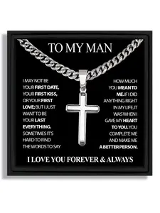 1 piece Valentine's Day gift for boyfriend silver cross design pendant Cuban chain Religious Necklace with blessing card and box Faith Necklace