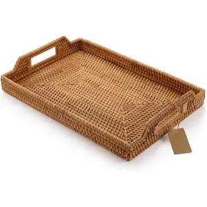 Hand-Woven Rattan Rectangular Serving Tray with Handles for Breakfast, Drinks, Snack for Coffee Table (14.5x10.2x1.4inches)