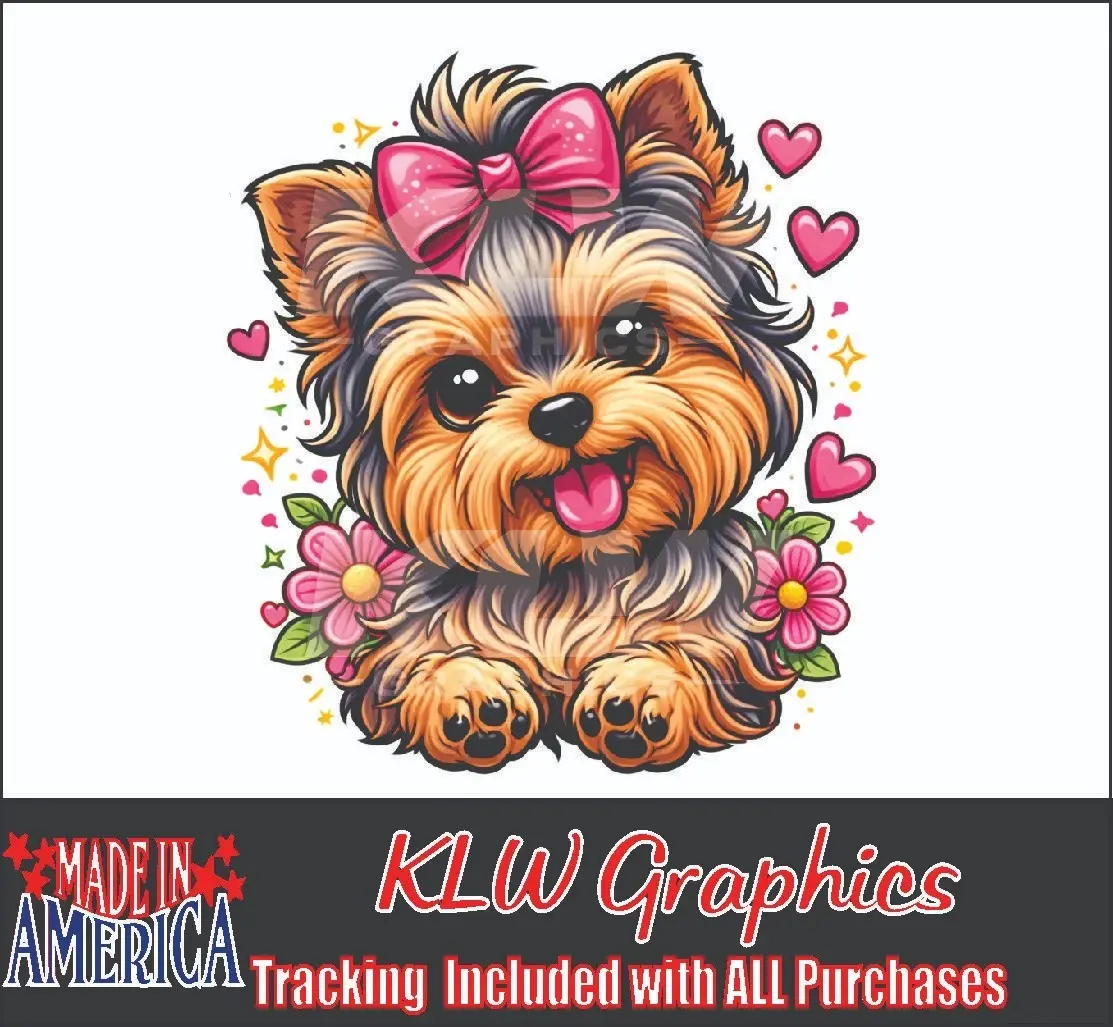 Yorkie Lover Gift Cute Yorkshire Terrier Full Color Sticker Pink Bow Puppy Car Laptop Decal