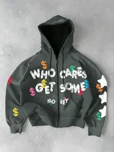 Tiktok Trendy Fashion Letter Pattern Zipper Fitted Hoodie, Long Sleeve, Vintage Classic Streetwear Essential, Casual & Modern Style, Must-Have Millennium Aesthetic Item