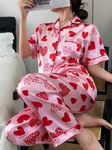 Spring Summer New Valentine's Day Print Women's Fitted Pajama Set, Silk Fabric Breathable Comfort, Indoor Outdoor Wear, Casual Home Clothing Loungewear Two-Piece