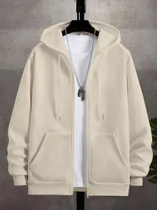 Trendy Plain Solid Color Fitted Zipper Hoodie, Soft Hooded Sweatshirt with Kangaroo Pocket, Comfortable Casual Daily Wear for Fall & Winter