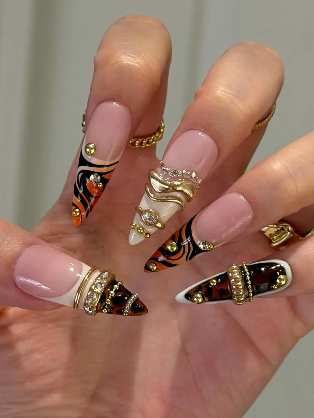 Luxury Tiger Stripe Press On Nails | Gold Charm Stiletto Design | Bold Glam Statement Set