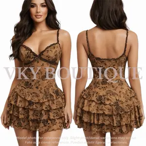 Romantic Rose Ruffle Mini Dress in Elegant Floral Lace with Layered Ruffles for Women BD