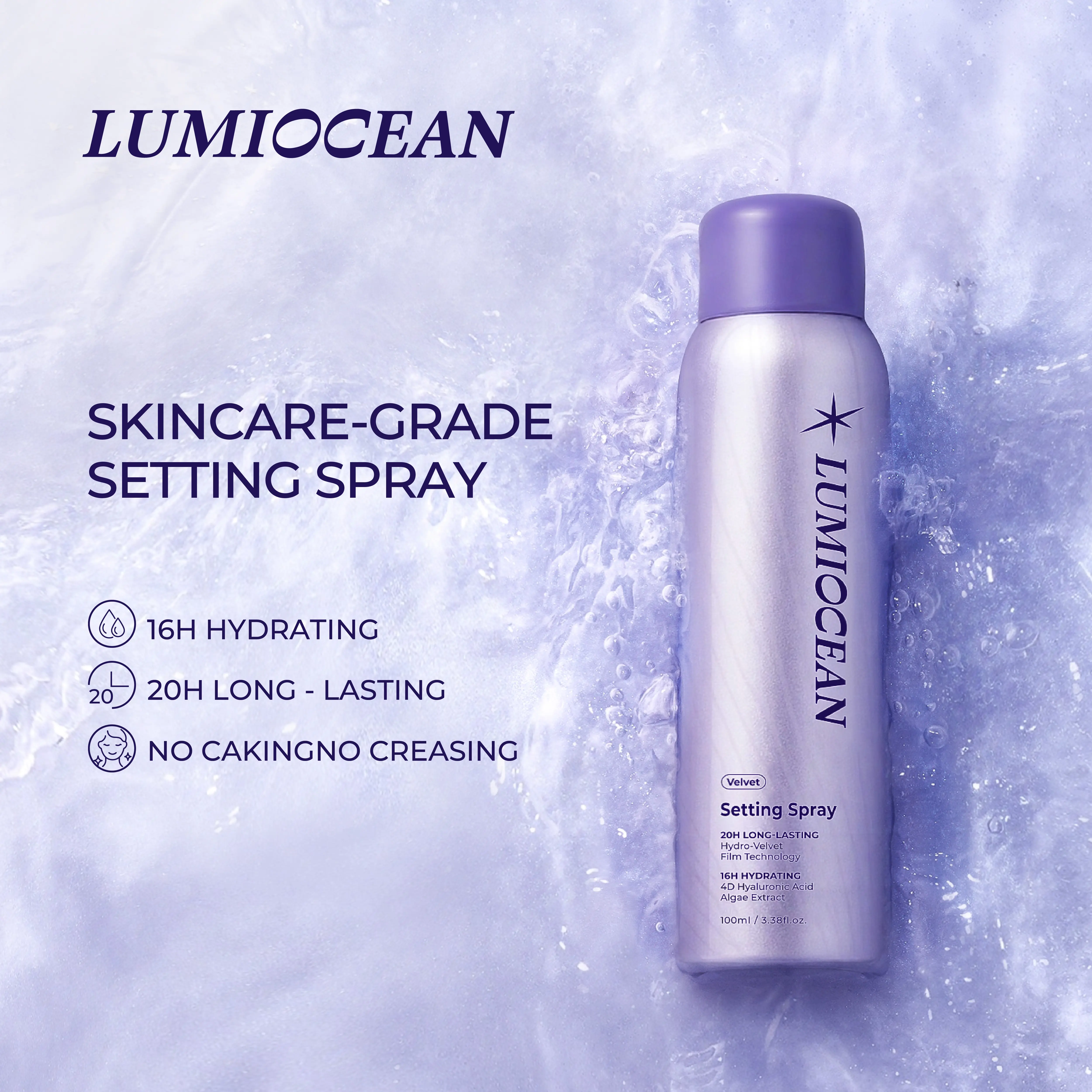 LUMIOCEAN Hydrating Glow Mist Makeup Fixing Spray - 4D Hyaluronic Acid, Trehalose + Algae Extract, 20-Hour Oil Control, 16-Hour Deep Hydration, Aerosol-Exclusive Design, Glowy/Transfer-Proof/Luminous All Over Glow, 3.38 FL.OZ (TikTok Shop Exclusive), Glow