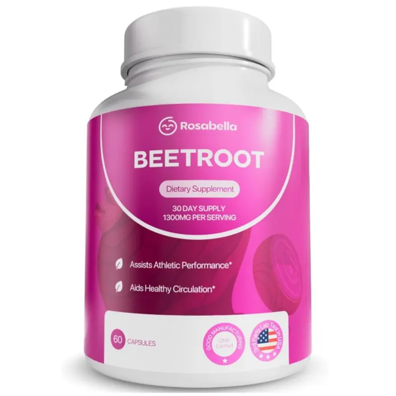 Rosabella Organic Beet Root Capsules – 1300mg Beetroot Powder for Natural Energy & Endurance Support, Non-GMO, Lab-Tested Beet Supplement - 60 Capsules, 30-Day Supply