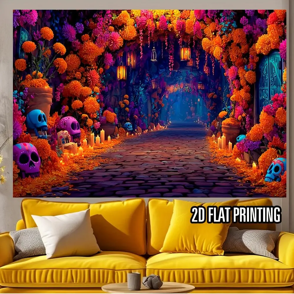 1pc Durable Soft 1-Piece 2D Flat Printing Large Mexican Day of the Dead Indoor Wall Backdrop - Glam Vibrant La Catrina Floral Sugar Skulls, Candles, White Flowers for Living Room, Housewarming (Purple, Orange, Pink, Blue, Yellow)