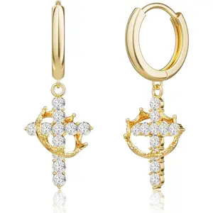 Women's 14K Gold Plated Dainty Cross Charm Huggie Hoop Earrings, Tarnish-Proof Dangle Earrings, Elegant Religious Jewelry Gift