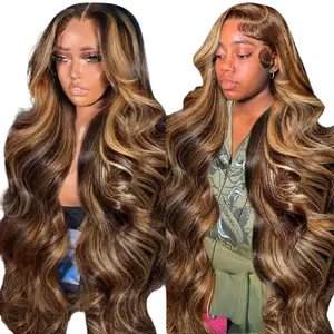 【32 Inch Only $88】SheReigns Honey Blonde Ombre Lace Front Wig Human Hair Highlight Body Wave 13x6 Lace Front Wigs Pre Plucked 180 Density Glueless HD Lace Frontal Wig for Women 4/27 Colored