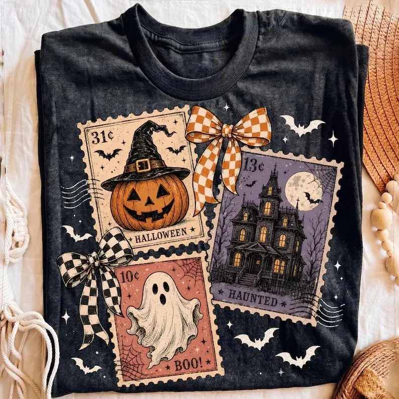 Comfort Colors Vintage Halloween Stamp Shirt, Retro Ghost Pumpkin Graphic Tee, Spooky Season Fall T-Shirt, Cute Autumn Halloween Apparel