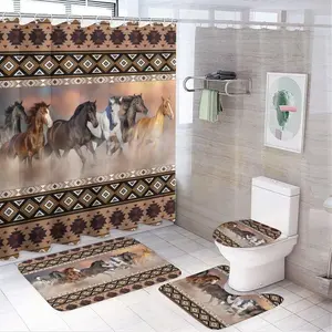 Rustic Aztec Horse 4 Pieces Shower Curtain Set,Boho Abstract Tribal Farmhouse Western Desert Horse Non-Slip Rugs Toilet Lid Cover Bath Mat and Bathroom Curtain, Bathroom Decoration Accessories
