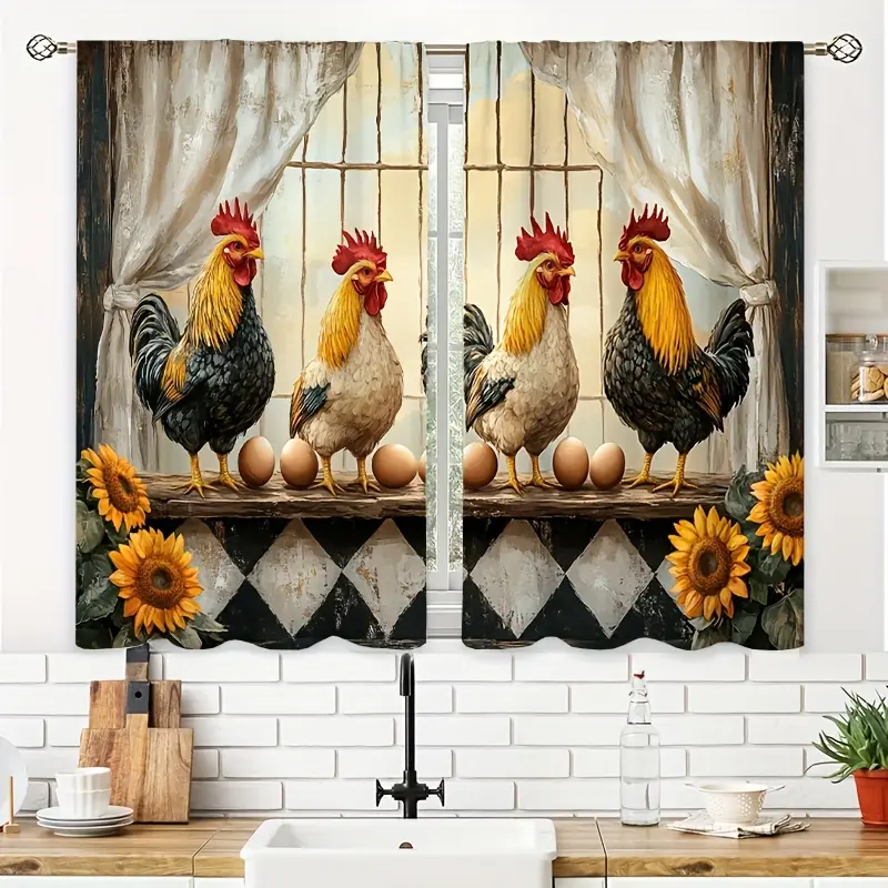 2-Piece Rod Pocket Cafe Curtains, 39.9x27.5 inch Short Curtains with 3 Roosters Perched on Nest Eggs, Casual Home Textiles for Kitchen, Bathroom Decor