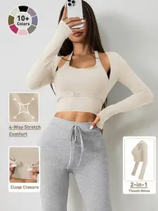 Women's Halter Crop Tank Top & Thumb Hole Sports Tee Set, Sleeveless Top & Buckle Front Sports Top Set, Gym Yoga Exercise Clothing Set for Women