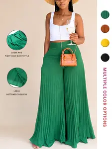 Women's Pocket Pleated Wide Leg Pants, Casual High Waist Trousers for Spring & Fall, Women's Bottoms for Daily Vacation Party