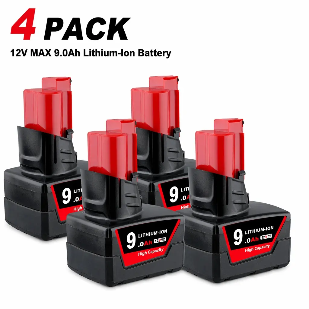 4-pack 12V MAX 9.0Ah 9000mAh Lithium-Ion Replacement Battery Compatible with Milwaukee M12 Tools, Rechargeable Battery Pack for Cordless Power Tools