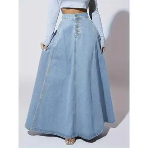 ElegantWashedDenimSkirt,HighRiseButtonFlyA-lineMaxiSkirt,Women'sClothingBottomFabric