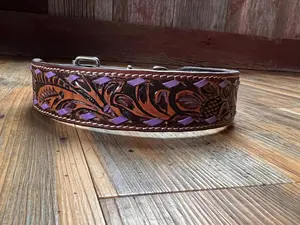 Leather Tooled Dog Collar with Purple Buckstitching