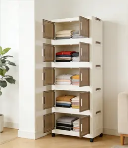 1/5-tier large-capacity foldable, stackable storage cabinet with wheels; collapsible multifunctional storage bins; suitable for any space—bedroom, living room, kitchen, bathroom, garage, wardrobe, warehouse;  shoe rack; room decor. organization organizer