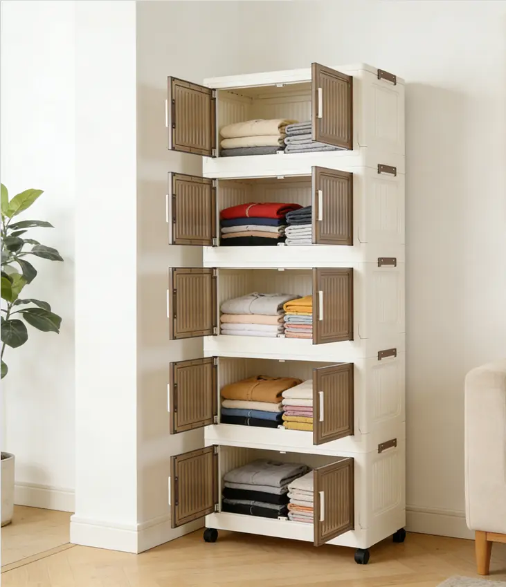 1/5-tier large-capacity foldable, stackable storage cabinet with wheels; collapsible multifunctional storage bins; suitable for any space—bedroom, living room, kitchen, bathroom, garage, wardrobe, warehouse;  shoe rack; room decor. organization organizer