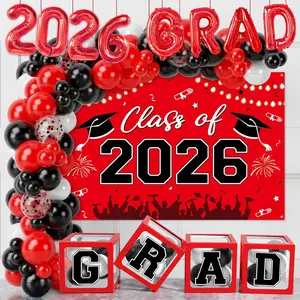 2026 Graduation Party Decorations Kit (123pcs) - Red Black Balloon Boxes with Letters, Balloon Arch, Backdrop for Class of 2026 Grad Festive Home Supplies & Party Gifts