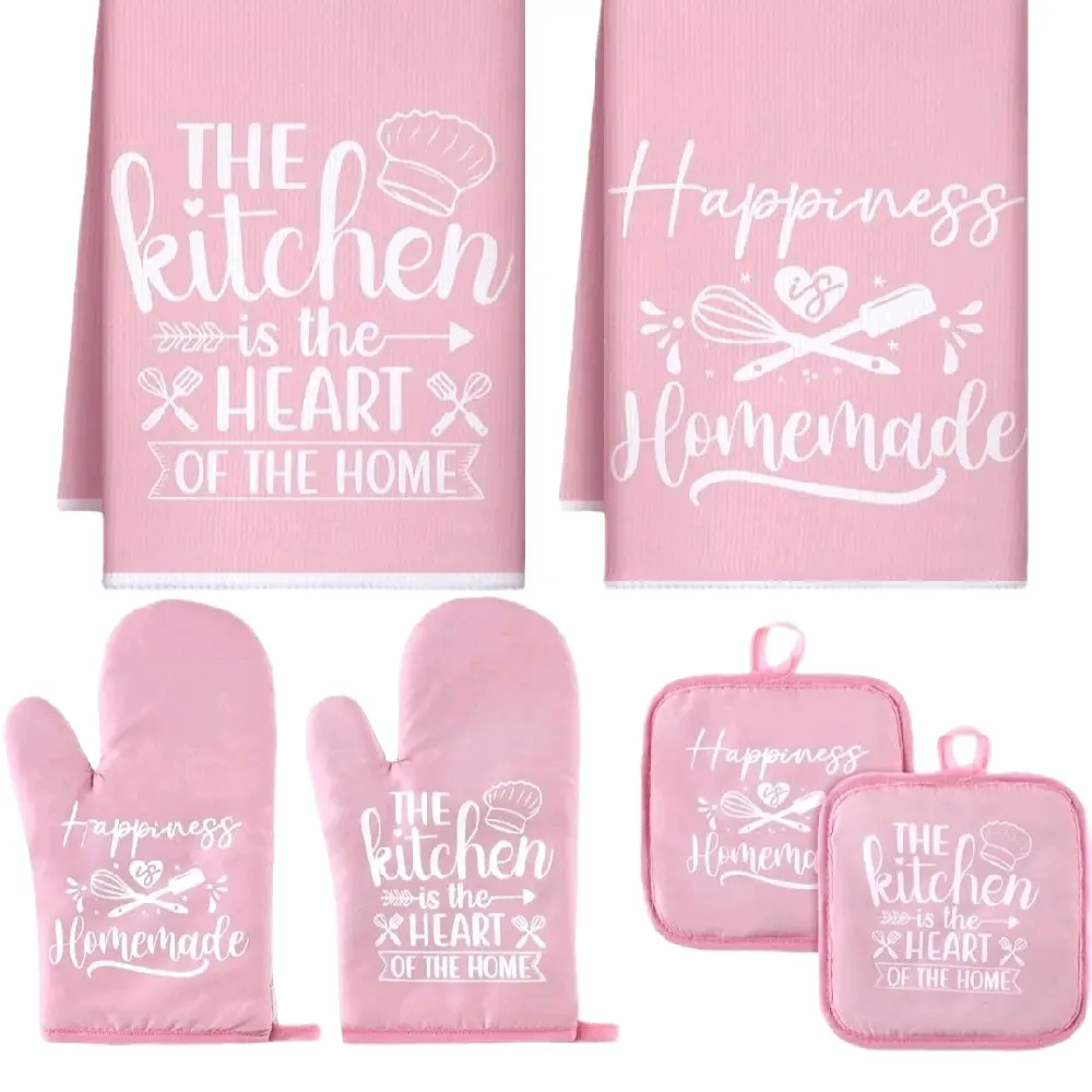 Sratte 6 Pcs Kitchen Decor Accessories Set Farmhouse Towels Pot Holders Oven Mitts Set 2 Dish Towels 2 Potholders 2 Cooking Mittens Oven Glove for Christmas Baking Cooking Supply(Pink,Kitchen)
