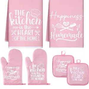 Sratte 6 Pcs Kitchen Decor Accessories Set Farmhouse Towels Pot Holders Oven Mitts Set 2 Dish Towels 2 Potholders 2 Cooking Mittens Oven Glove for Christmas Baking Cooking Supply(Pink,Kitchen)