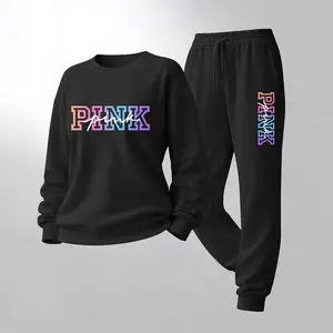 Women's Colorful Letter Print Crewneck Sweatshirt and Drawstring Track Pants Set, Casual Sportswear, Long-Sleeve Round Neck Top and Pants, Suitable for Spring, Autumn and Winter, Everyday Wear