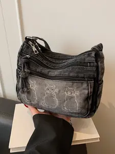 Trendy Fashion Multi-Pocket Smooth Zipper Design Denim Bag, Single Shoulder Crossbody, Stylish and Practical, Perfect for Daily Use