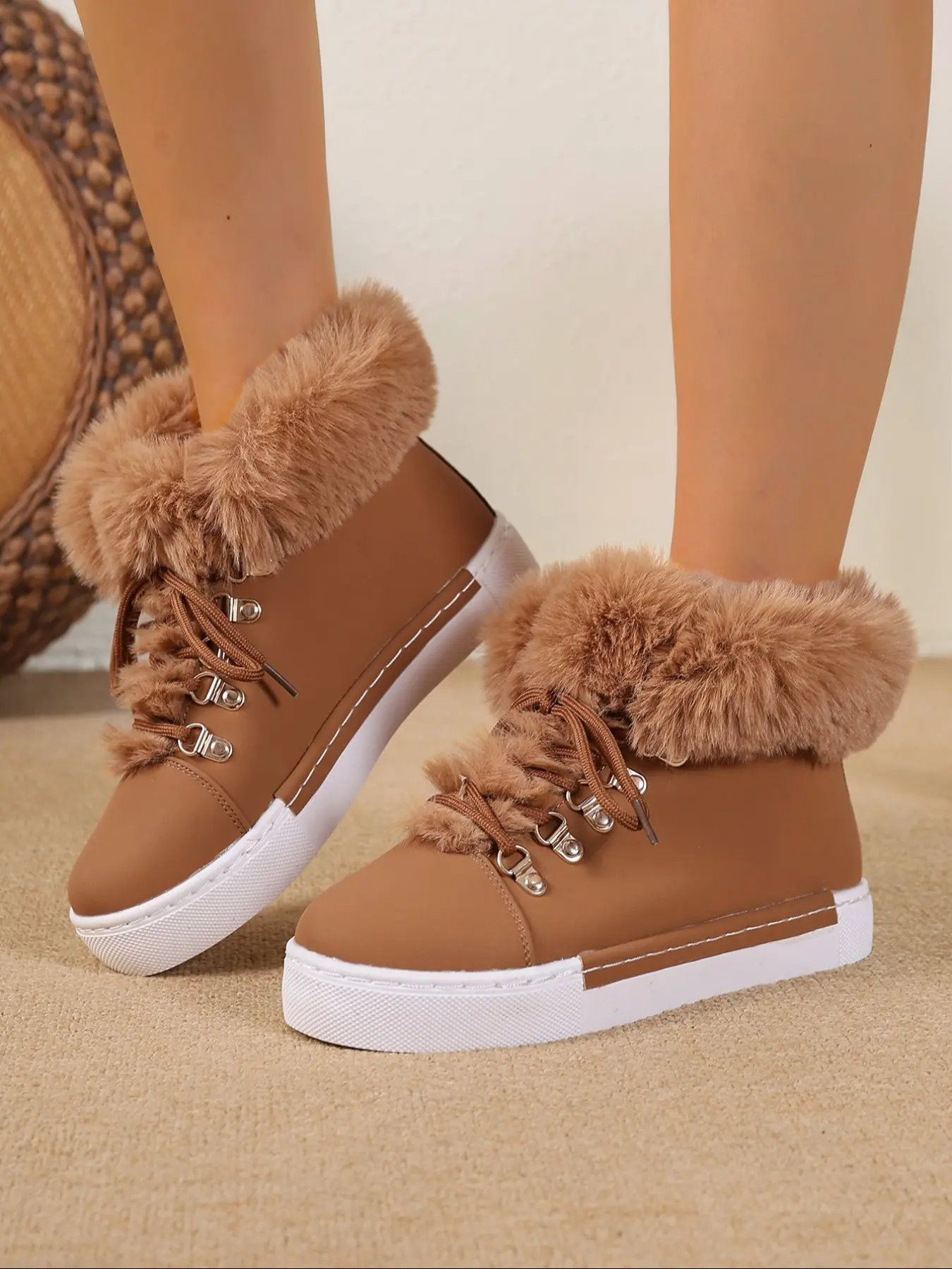 Women's Fashion Round Toe Wedge Snow Boots Casual Boots, Mid-Calf Plush Lining, Lace-Up Tiger Mouth Design, Comfortable Warm Winter Shoes