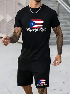 Men's Puerto Rico Flag Print Short Sleeve Tee & Pocket Drawstring Waist Shorts Two-Piece Set, Regular Fit Casual Round Neck T-Shirt & Track Shorts, Summer Men Clothes Set for Outdoor Menswear